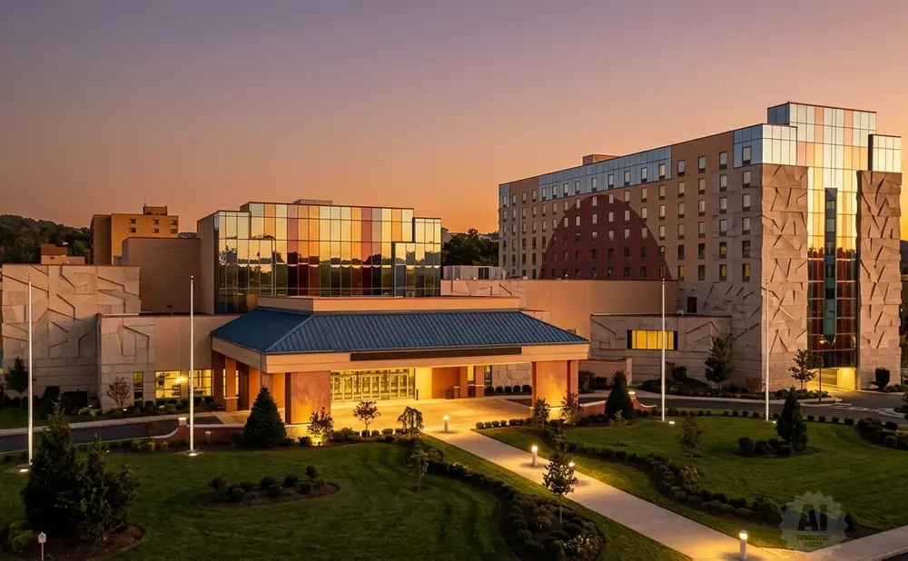 Modern casino with colorful glass accents at sunset.
