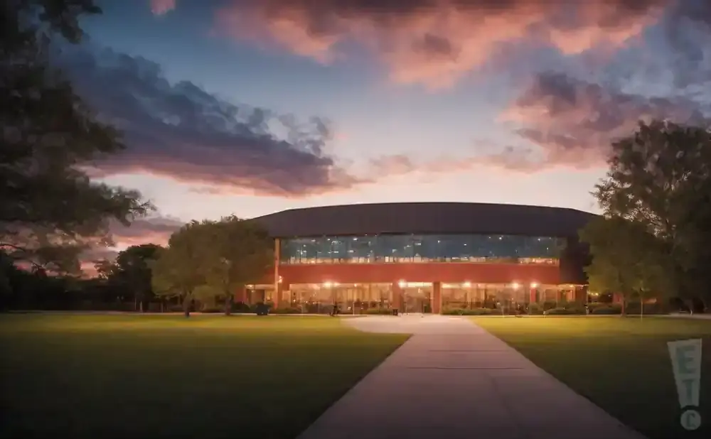 A modern brick building with large windows sits across a grassy lawn under a colorful sunset sky.