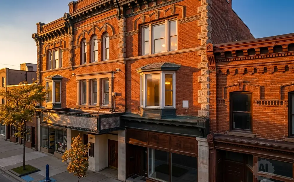 Brick building with bay windows, ornate detailing, and shops on the ground floor, bathed in warm sunlight.