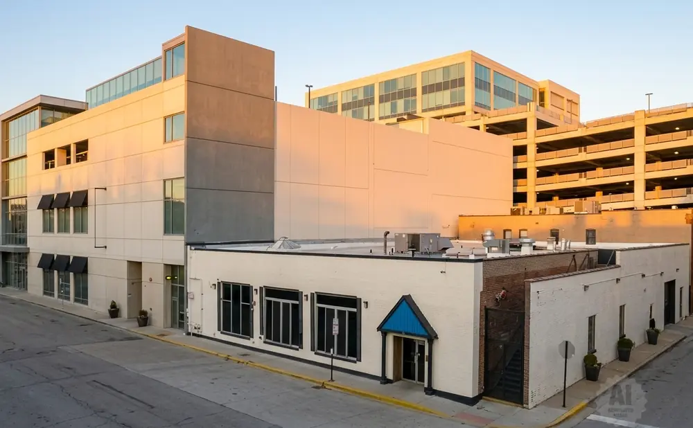 Modern beige and grey buildings at sunset, with a multi-level parking garage in the background.