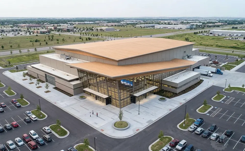 Aerial view of a modern building with large glass windows and a wooden roof, surrounded by parking lots and green spaces.