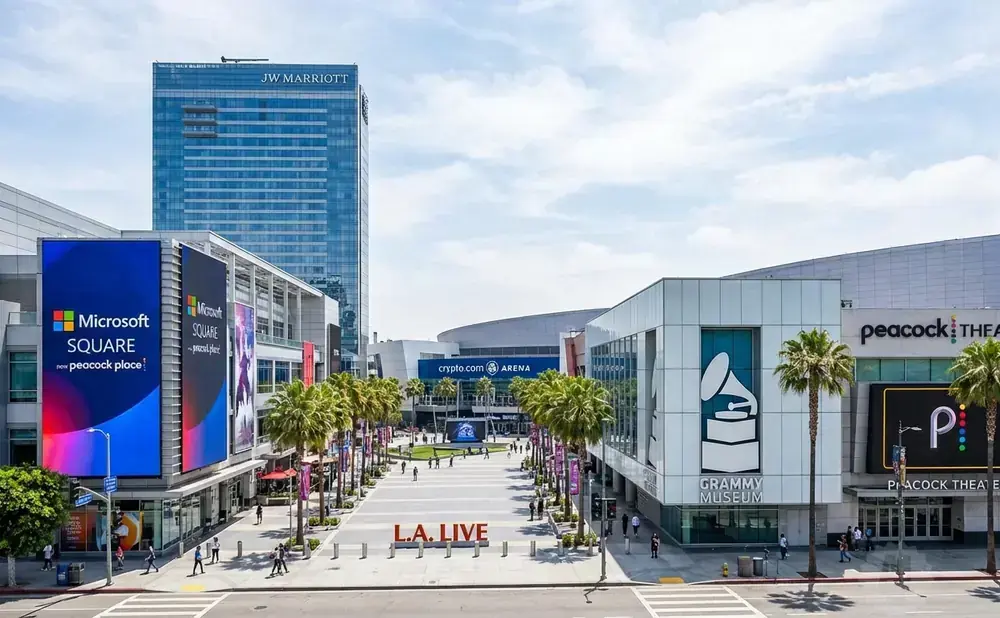 L.A. LIVE plaza with Microsoft Square, JW Marriott hotel, Grammy Museum, Peacock Theater, and Crypto.com Arena.