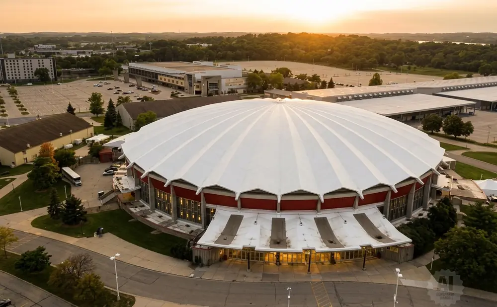 An aerial view of a large domed stadium at sunset, with a parking lot and surrounding buildings.