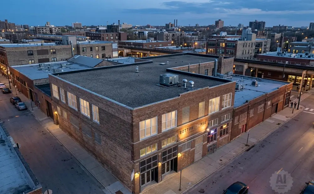 Aerial view of a brick building with 