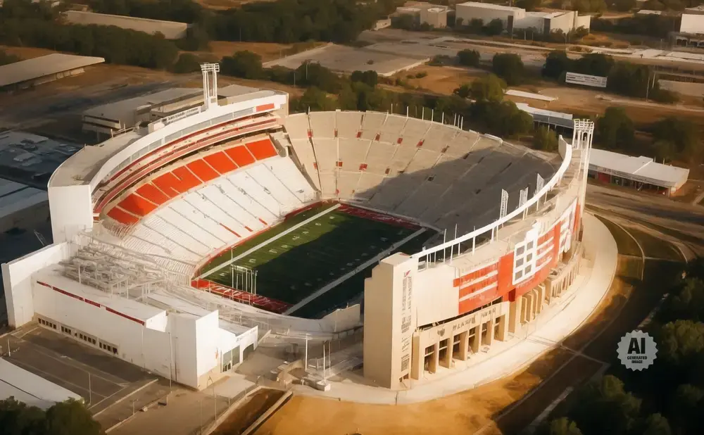 Aerial view of a large, empty football stadium with red and white seating and a green field.