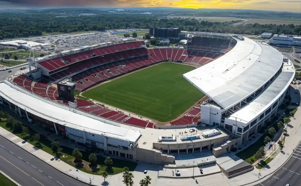 Aerial view of a red-seated stadium with a green field and a curved white roof against a sunset sky.