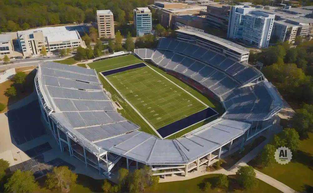 Aerial view of a large, empty American football stadium with tiered seating and a green field.