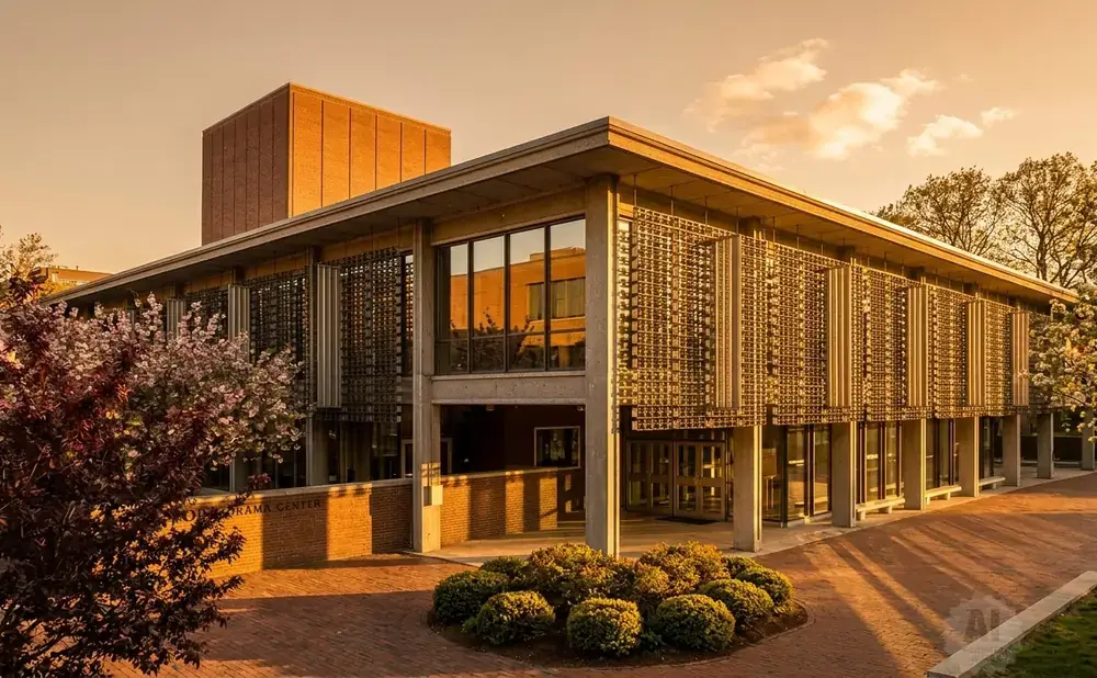 A modern brick building with patterned screens on its facade, bathed in golden sunset light.