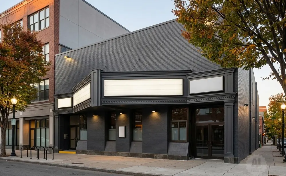 A dark grey building with marquee signs and illuminated windows stands on a street with trees.