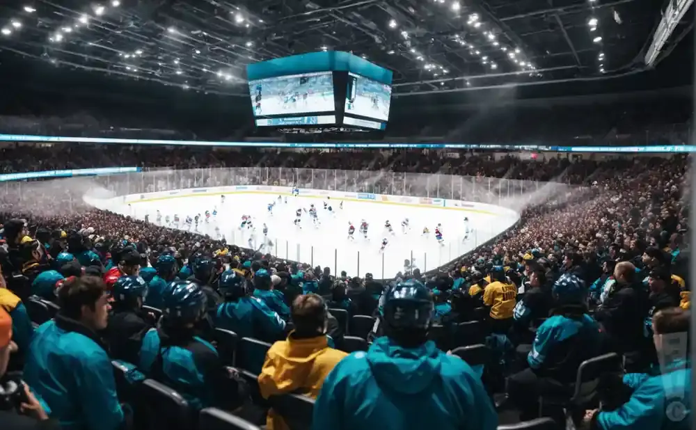 Hockey game with players on the ice and a crowd in the stands, viewed from the seating area.