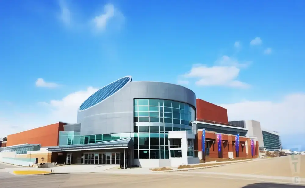 A modern building with a curved, silver facade and a large glass window.