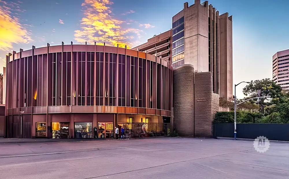 A circular building with vertical windows and a tall concrete building behind it at sunset.