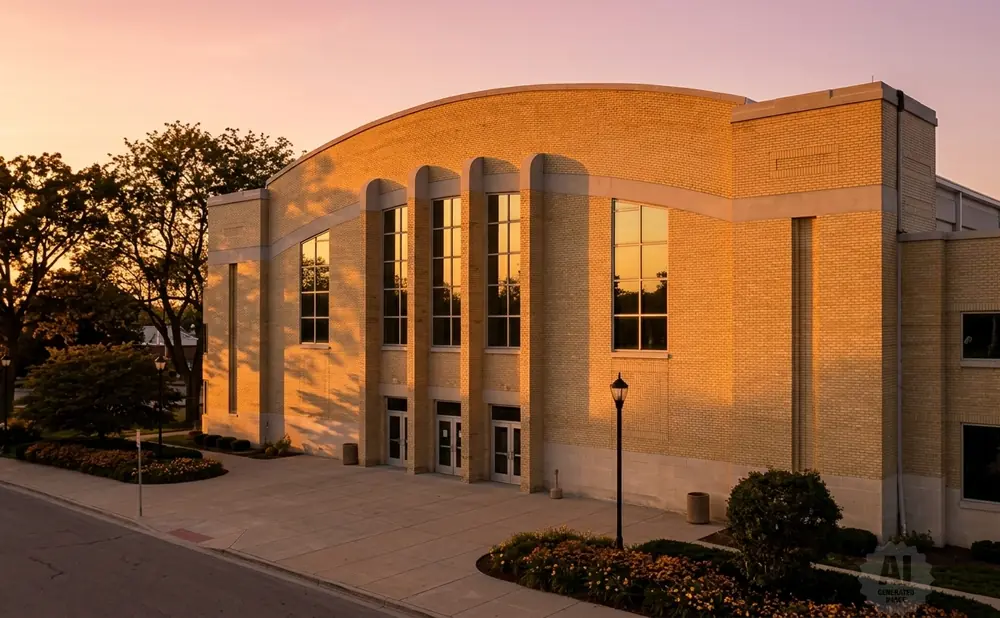 Golden hour light illuminates a yellow brick building with arched windows and a curved roof.