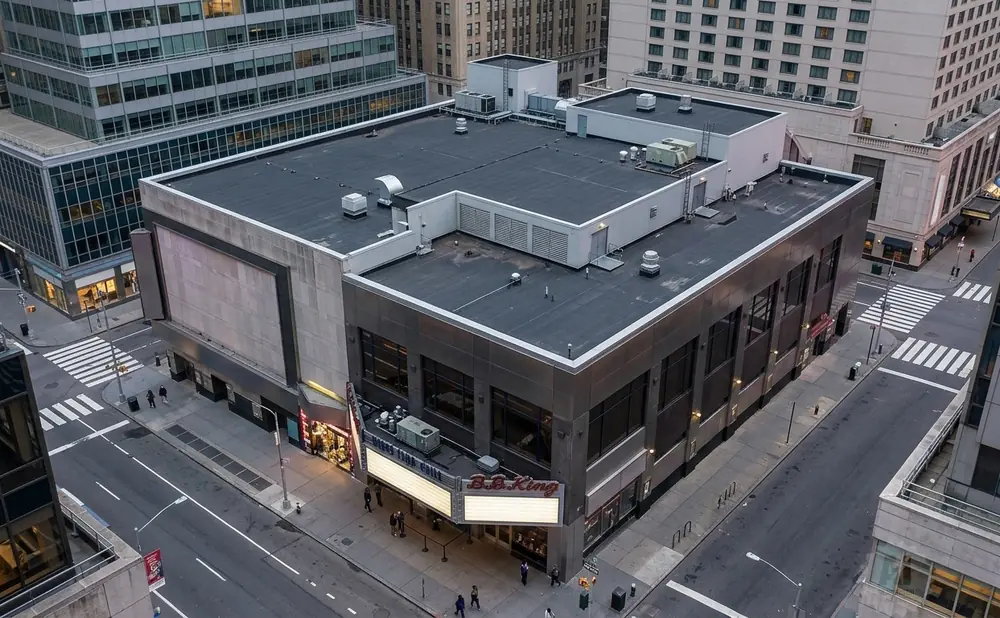 Aerial view of B.B. King Blues Club in New York City, surrounded by tall buildings.