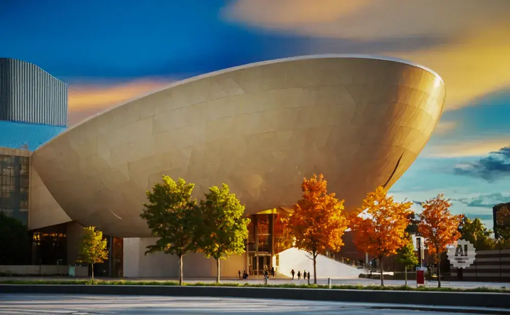 A modern building with a curved facade and trees in autumn colors under a colorful sky.