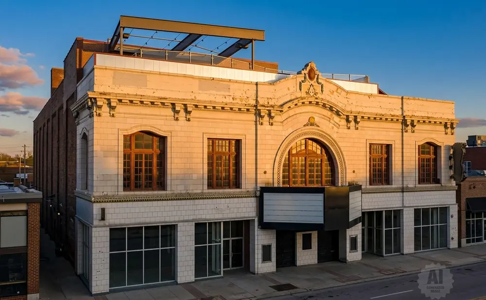 Exterior of a white-tiled building with arched windows and a rooftop deck.