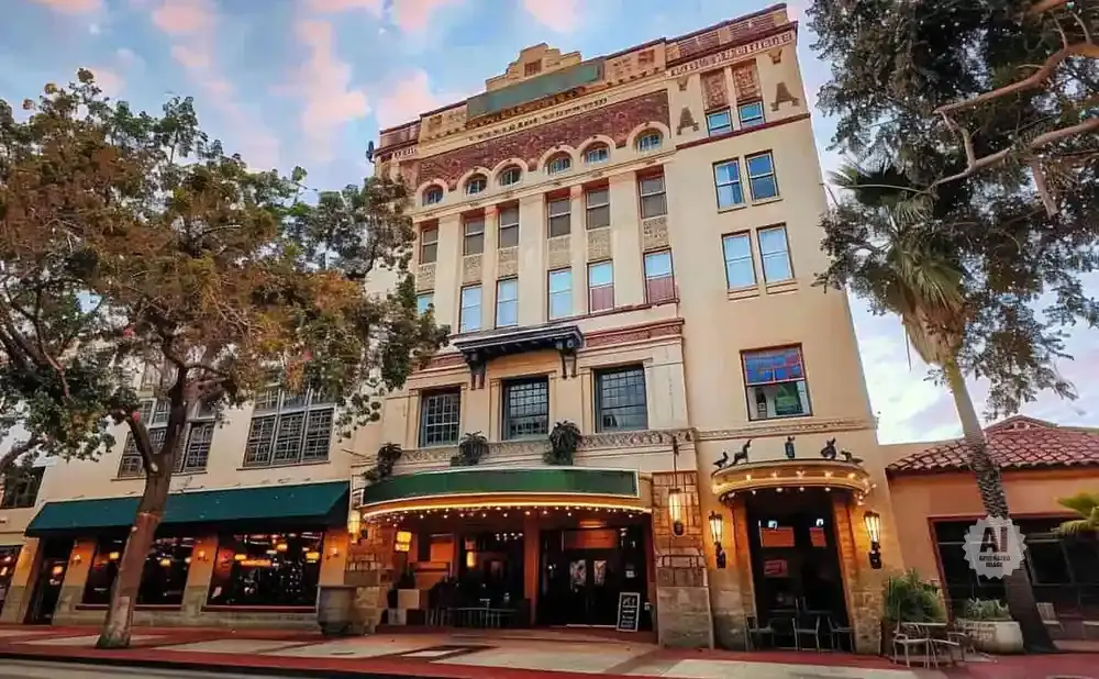 A historic building with ornate details and arched windows, featuring trees and a palm tree.
