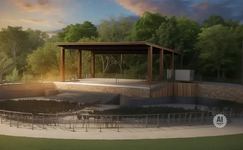 Outdoor amphitheater with a covered stage, tiered seating, and surrounding trees.