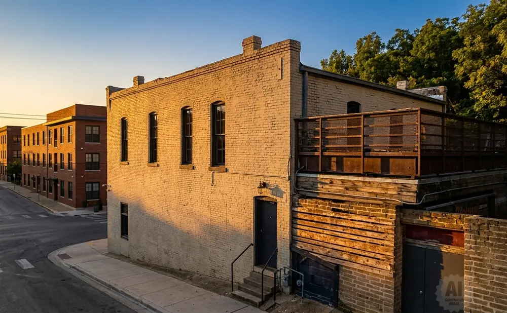 A historic brick building with windows, a fenced patio, and an alleyway under a clear sky at sunset.