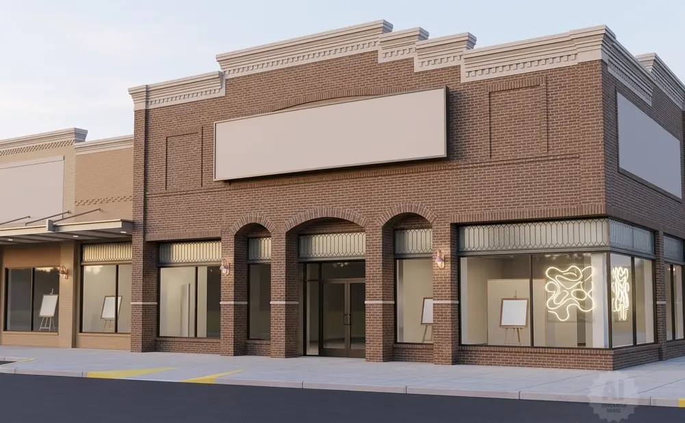 A storefront with a large blank sign and display windows showing art.