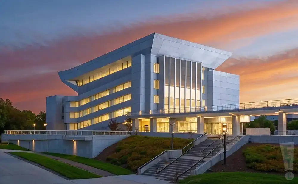Modern building at dusk with colorful sky, illuminated windows, and stairs leading to the entrance.