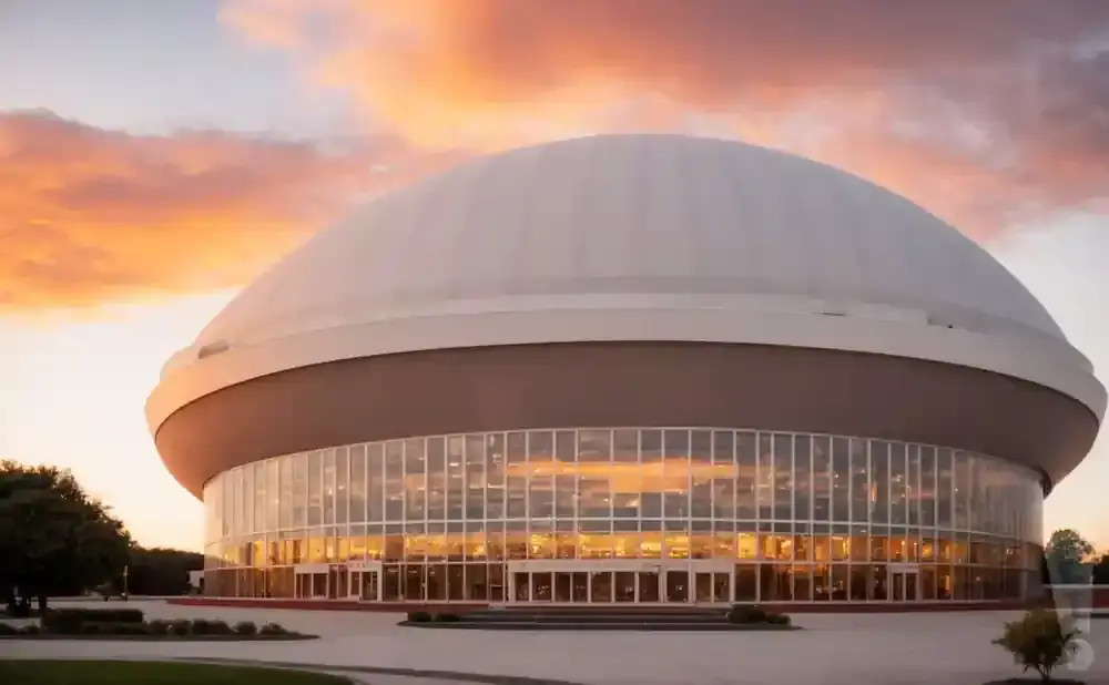 A domed stadium with glass walls at sunset, reflecting the warm sky.