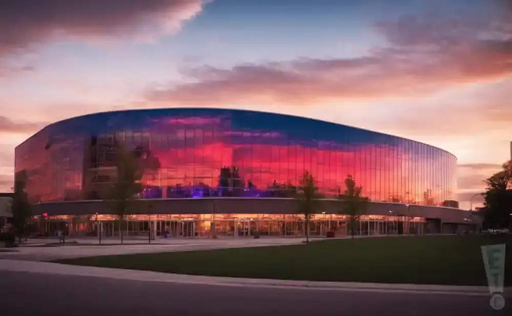 A modern building with a glass facade reflects a vibrant sunset sky.