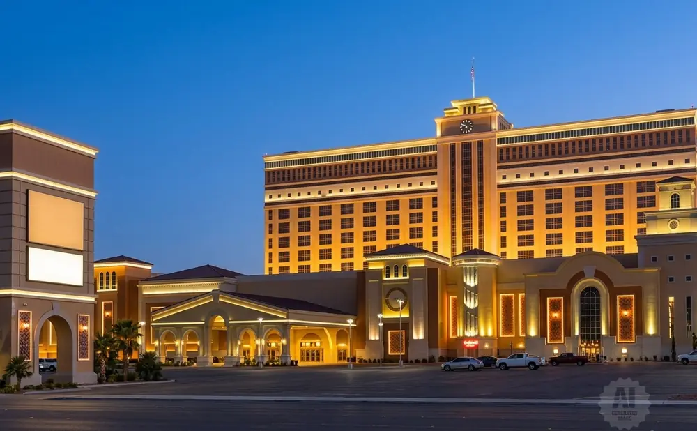 A large, illuminated casino resort glows orange and gold against a twilight blue sky.