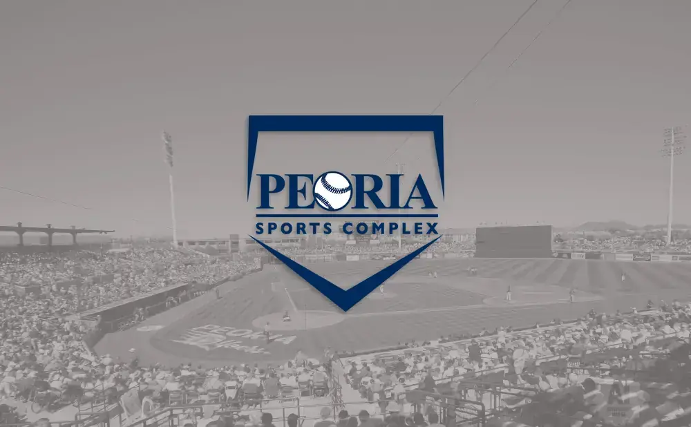 Peoria Sports Complex logo superimposed on a baseball stadium with spectators.