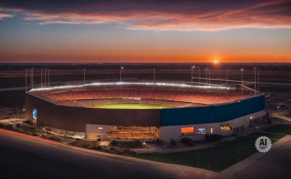 A stadium at sunset with a fiery orange and pink sky.