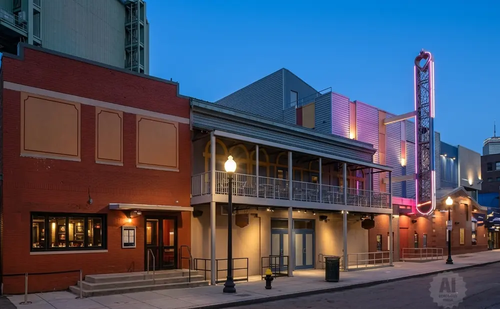 Night view of a brick building with a theater marquee and balconies, lit by streetlights and neon signs.