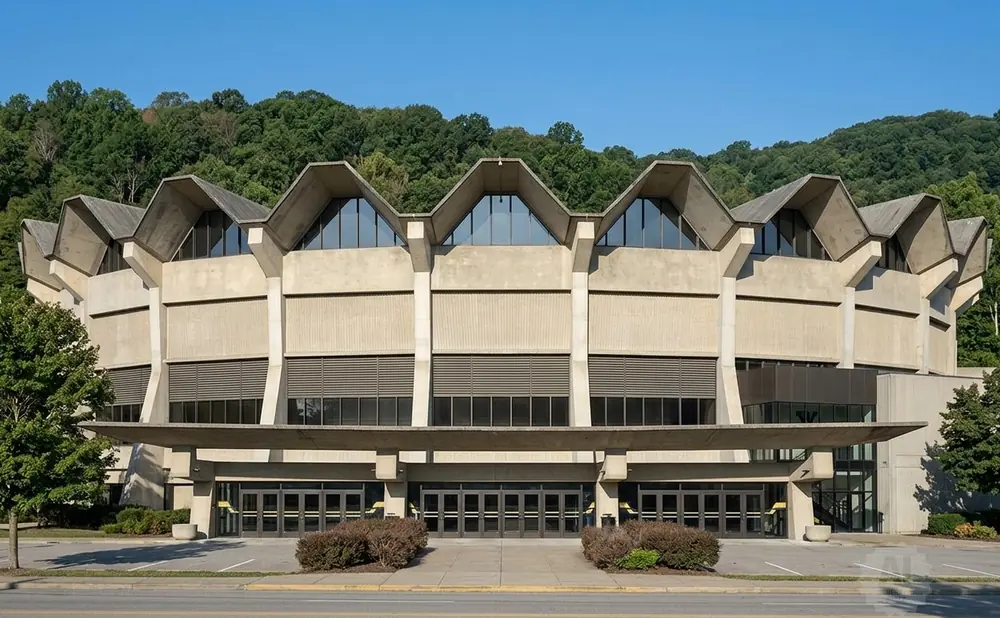 Brutalist concrete building with a jagged roofline and large glass windows against a backdrop of lush green hills.