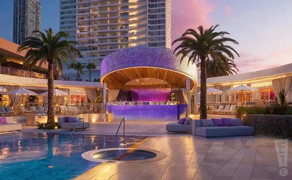 Luxury resort pool at dusk with palm trees, lounge chairs, and a modern bar with purple lighting.