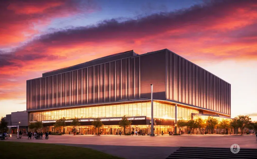 A modern building with a glass-fronted lower level and vertical panels on the upper level, set against a dramatic sunset sky.