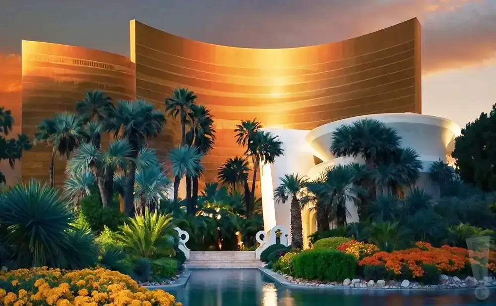 Golden resort building with palm trees and lush gardens at sunset.