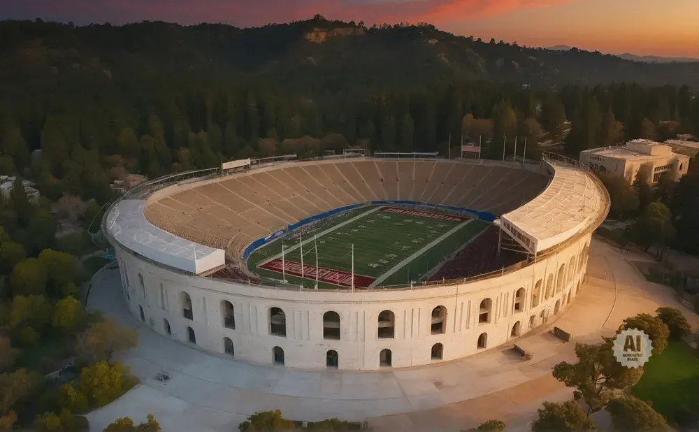 Aerial view of a large, oval stadium with a football field at sunset.