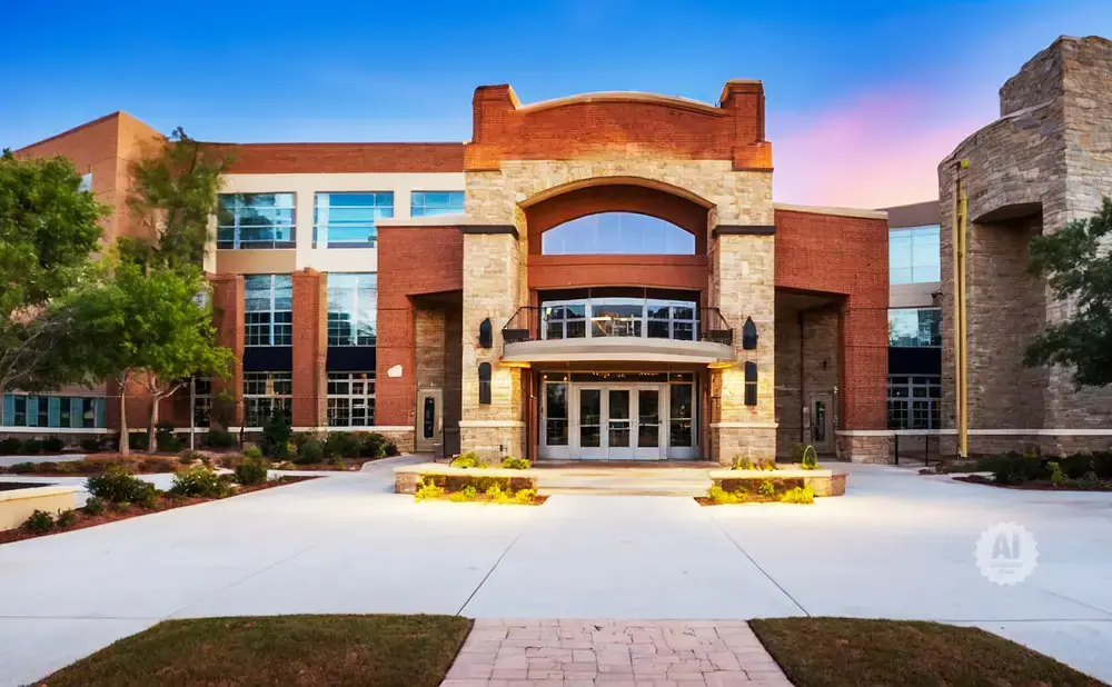 Modern brick and stone building with large windows and a grand entrance at dusk.