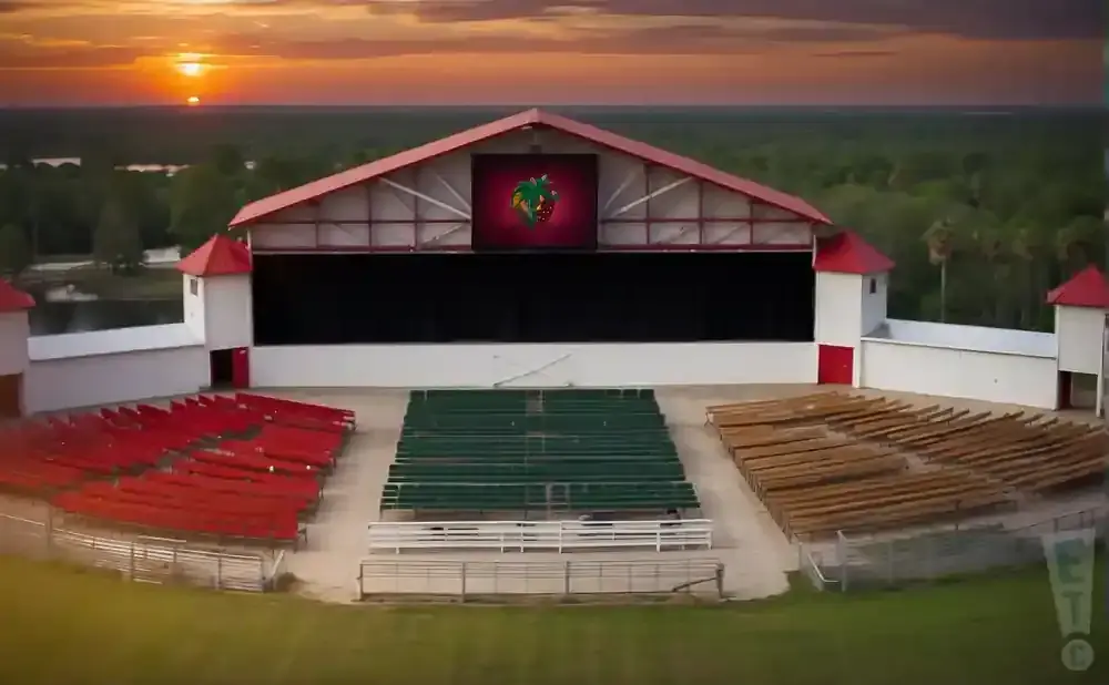 Outdoor amphitheater with red, green, and brown seating facing a stage under a sunset sky.