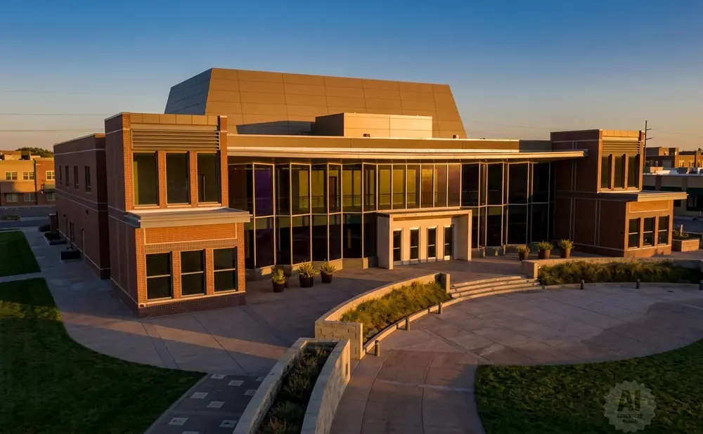 Modern brick building with large windows and sloped roof, at sunset.