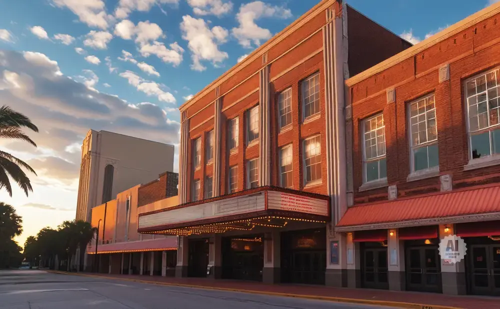 A vintage theater building with a marquee at sunset, under a sky with clouds and palm trees.