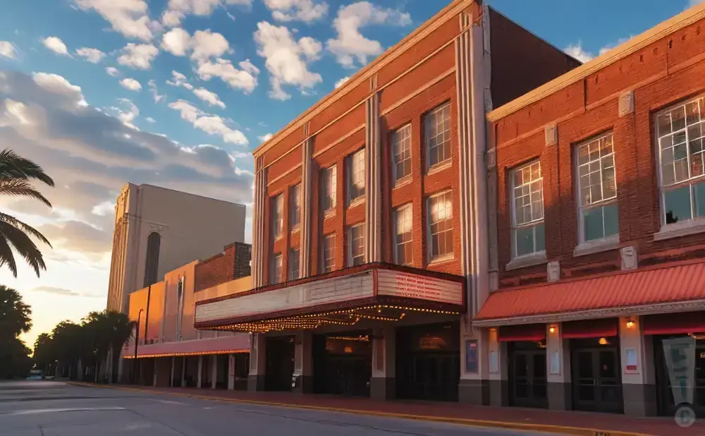 A historic theater with brick facade, marquee, and marquee lights at sunset.
