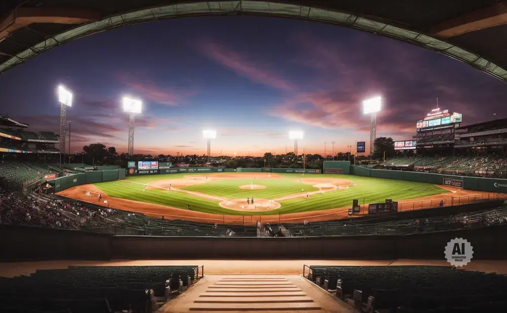 A baseball stadium at dusk, with bright lights illuminating the field as players are visible on the diamond.