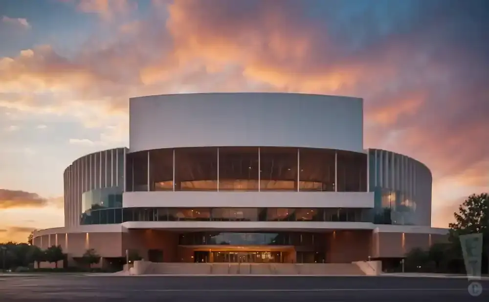 Modern building with rounded sections and large windows against a colorful sunset sky.