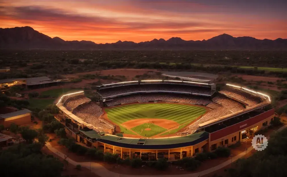 Aerial view of a baseball stadium at sunset, with mountains in the background.