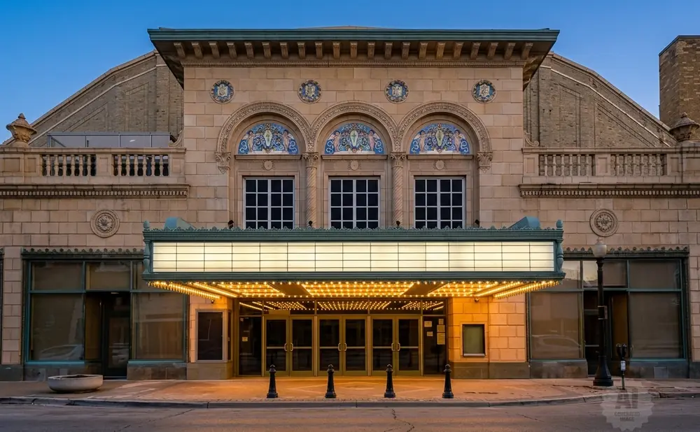 Facade of a vintage theater at dusk, with a lit marquee over the entrance and arched windows above.
