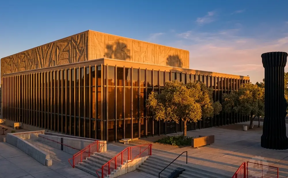 Modern building with large glass windows and concrete facade, reflecting golden sunset light.