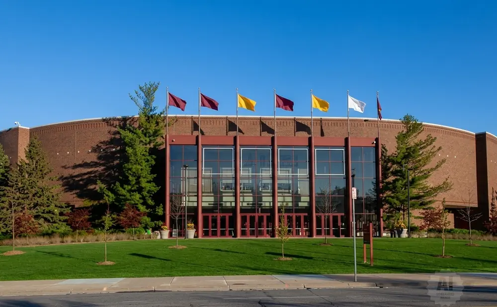 A large, curved brick building with many windows and flags flying in front under a clear blue sky.