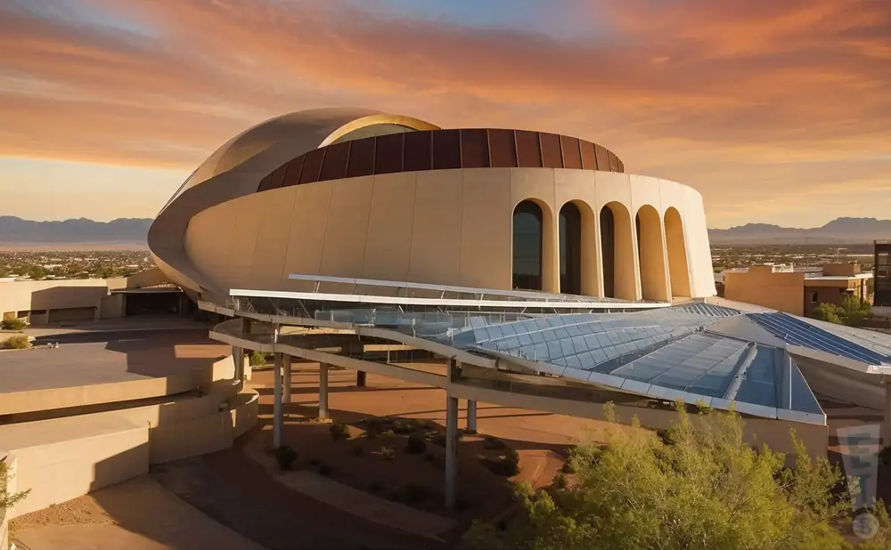 a photograph of the abraham chavez theatre in el paso, texas, captured at sunset. 