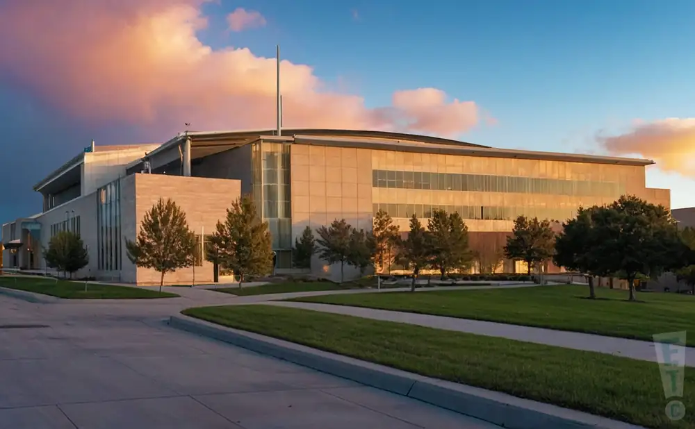 a photograph of the alerus center in grand forks, north dakota, captured at sunset. 