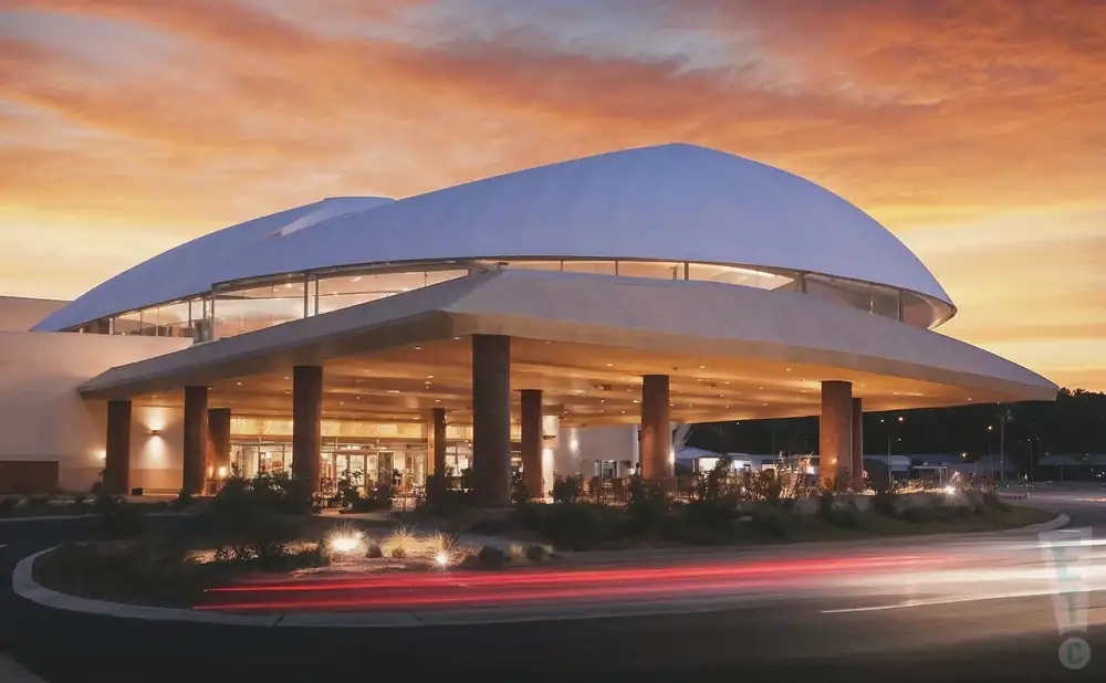 a photograph of bally's twin river event center in lincoln, rhode island, captured at sunset. 